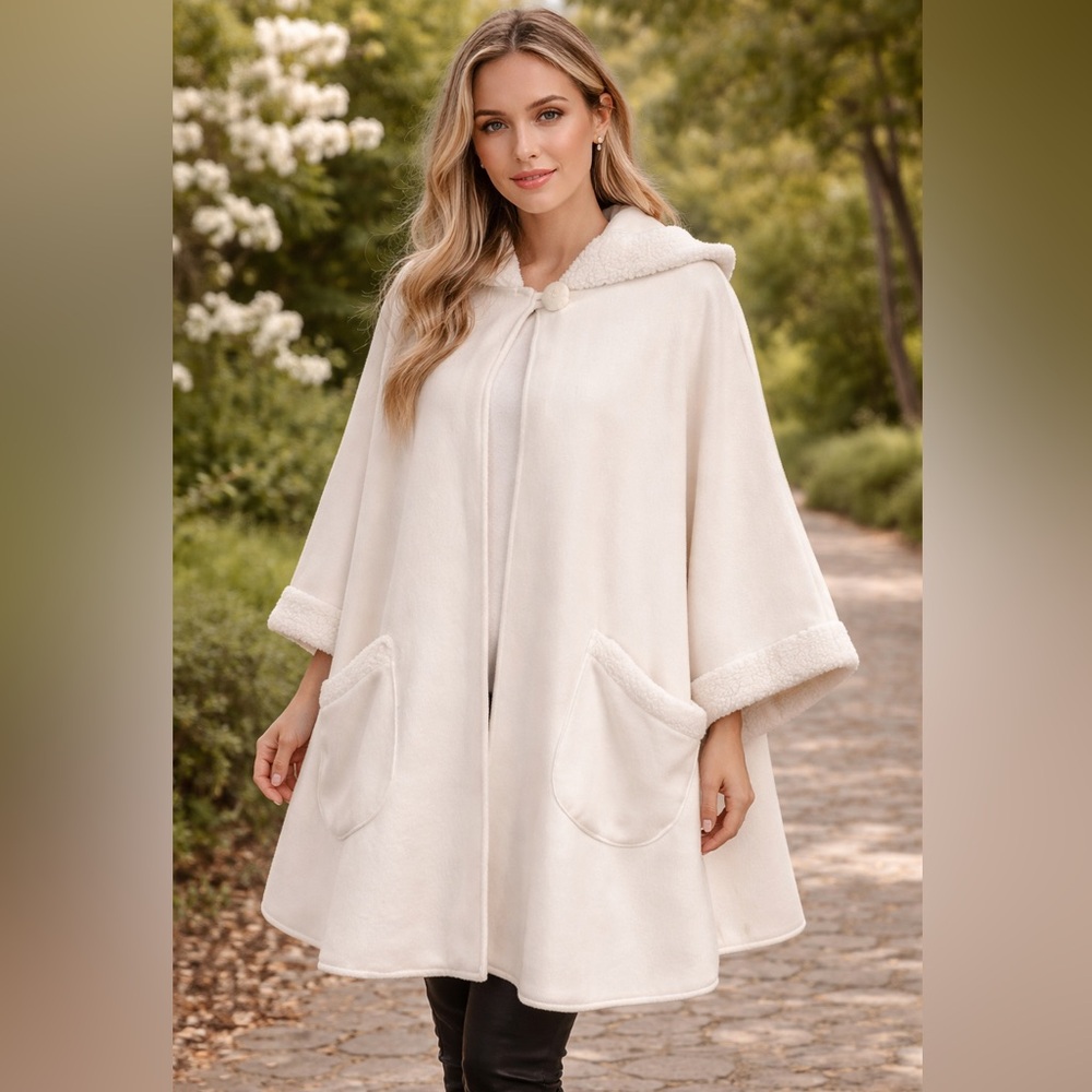 LE MODA Hooded Cape Shaw Poncho One Size Fits All in Cream/Winter White - Picture 6 of 6